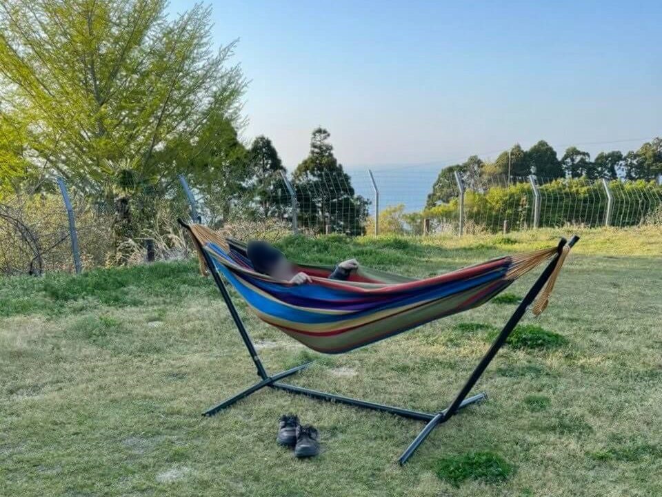 犬と一緒に開放的なキャンプガラガラ山キャンプ場ハンモック